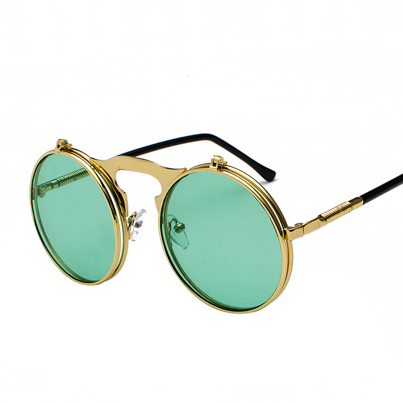 Vintage Metal Steampunk Flip-Up Sunglasses – Trendy Round Frame for Men and Women-AOH2011A